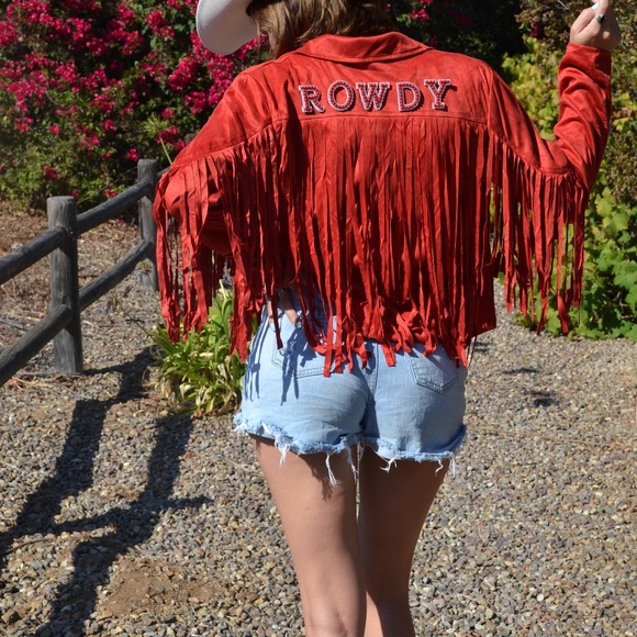 Red Suede Western Fringe Jacket, Nashville Country Concert Outfit - Picture 7 of 12